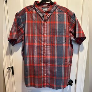 Men’s Columbia Red and Navy and Light Blue Striped Button Up Shirt